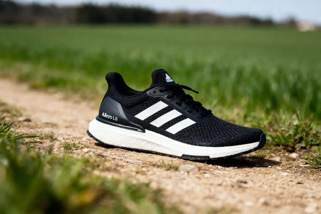 Chaussure de sport noire Adidas, modèle Adezo LS, posée sur un chemin en plein air.