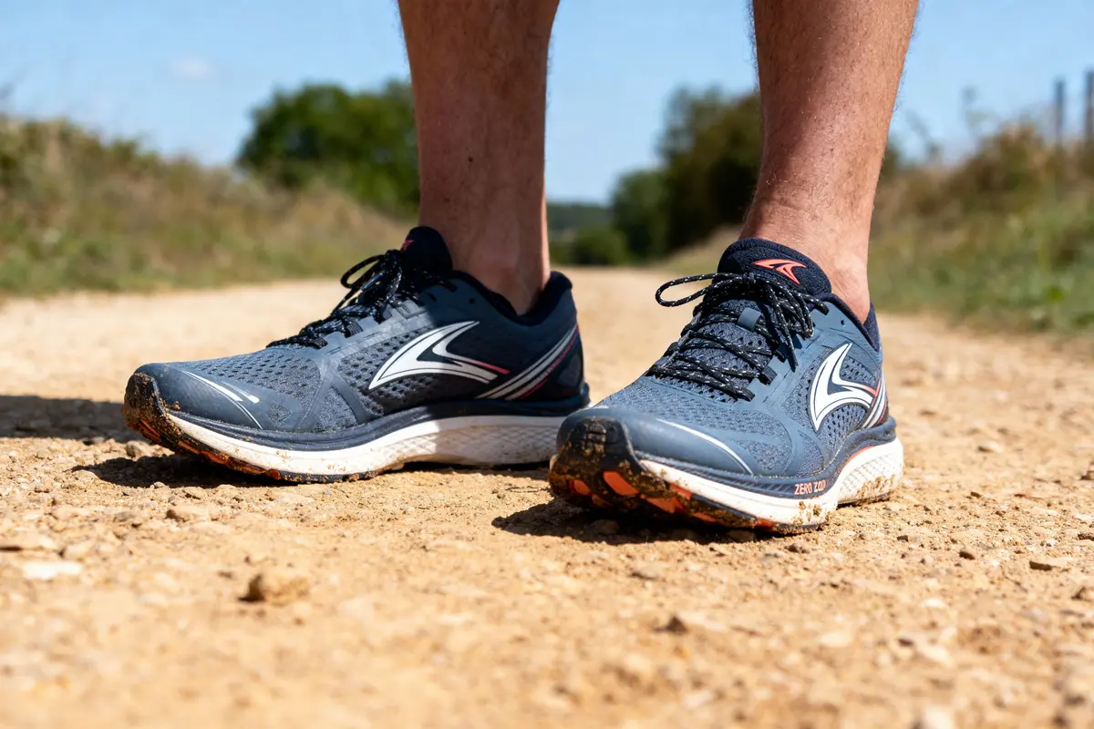 Personne portant des chaussures de course sur chemin de terre en extérieur, entouré de végétation. Journée ensoleillée.
