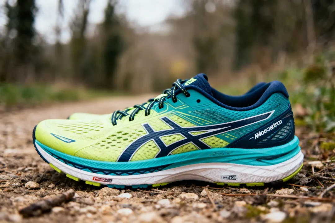Chaussure de course verte et bleue sur chemin de terre, en extérieur, entourée de végétation floue.