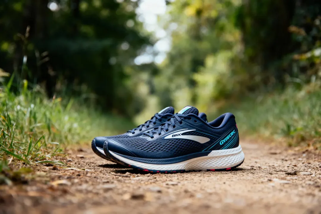 Chaussures de course noires sur chemin de terre, entourées de verdure.