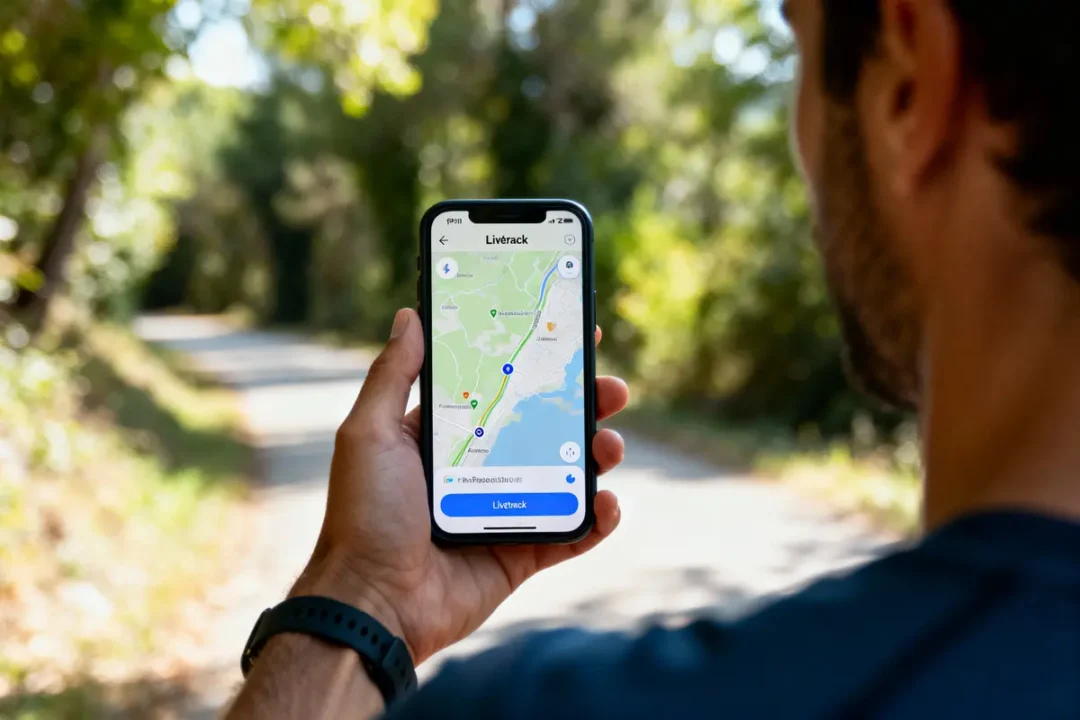 Personne utilisant une application de navigation sur un smartphone dans un environnement extérieur verdoyant et ensoleillé.