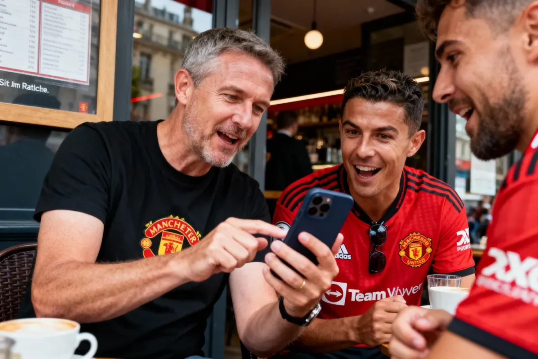 Trois hommes rient, regardant un téléphone, portant des maillots de Manchester United, assis dans un café.