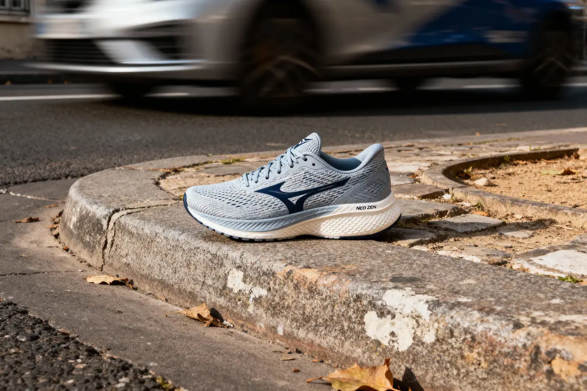 Chaussure de course grise sur un trottoir, voitures floues en arrière-plan, feuilles mortes autour.