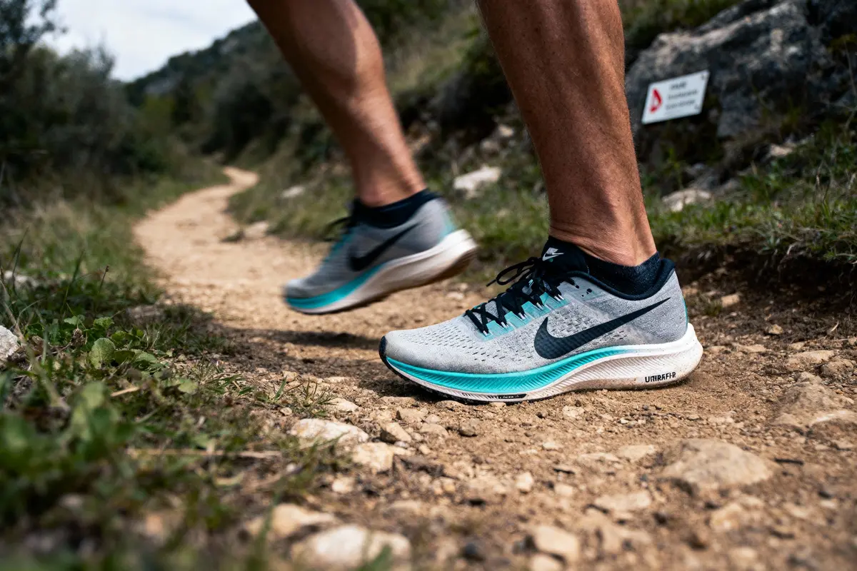 Personne courant sur un sentier de terre avec des baskets grises et bleues, environnement naturel et rocheux.