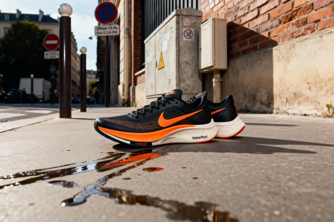 Chaussures de sport noires et orange sur trottoir urbain, reflet dans flaque d'eau, jour ensoleillé.