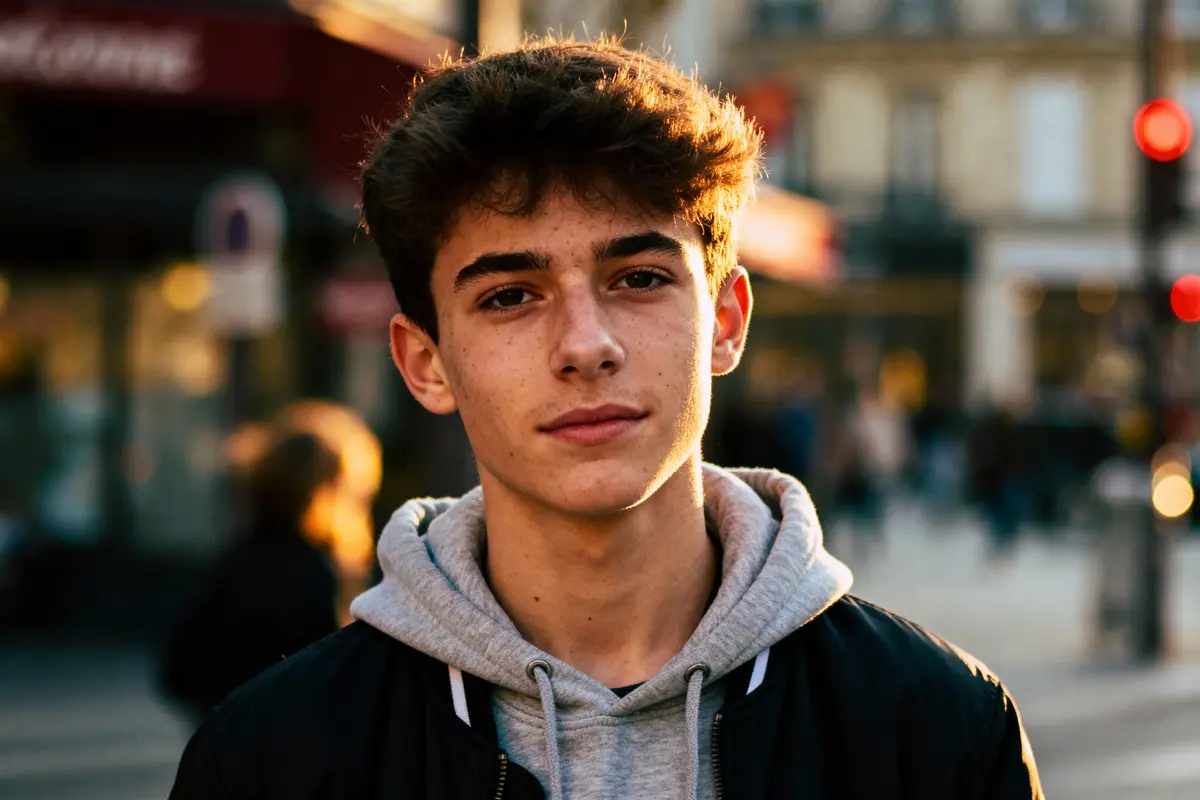Jeune homme en blouson noir, hoodie gris, ville floue en arrière-plan. Éclairage chaud du coucher de soleil.