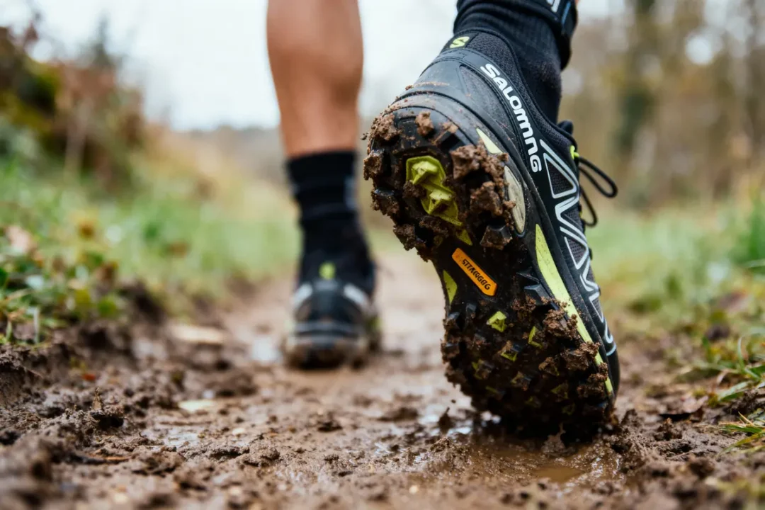 Chaussure de trail Salomon dans la boue, en plein air sur un sentier naturel.