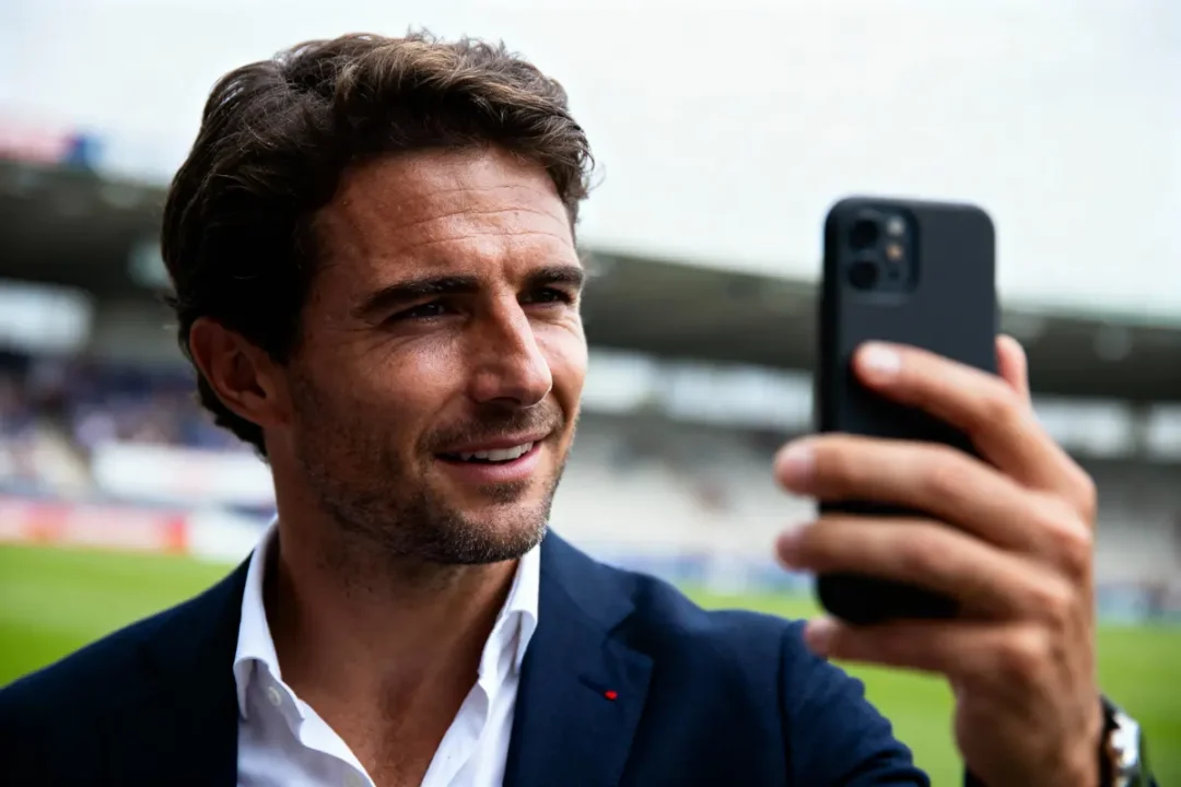 Homme souriant en costume tenant smartphone, prenant selfie, terrain de sport flou en arrière-plan.