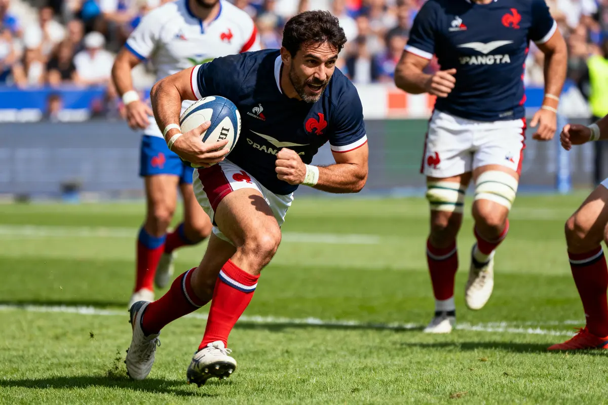 Joueur de rugby courant avec le ballon, portant un maillot bleu, entouré d'autres joueurs sur le terrain.