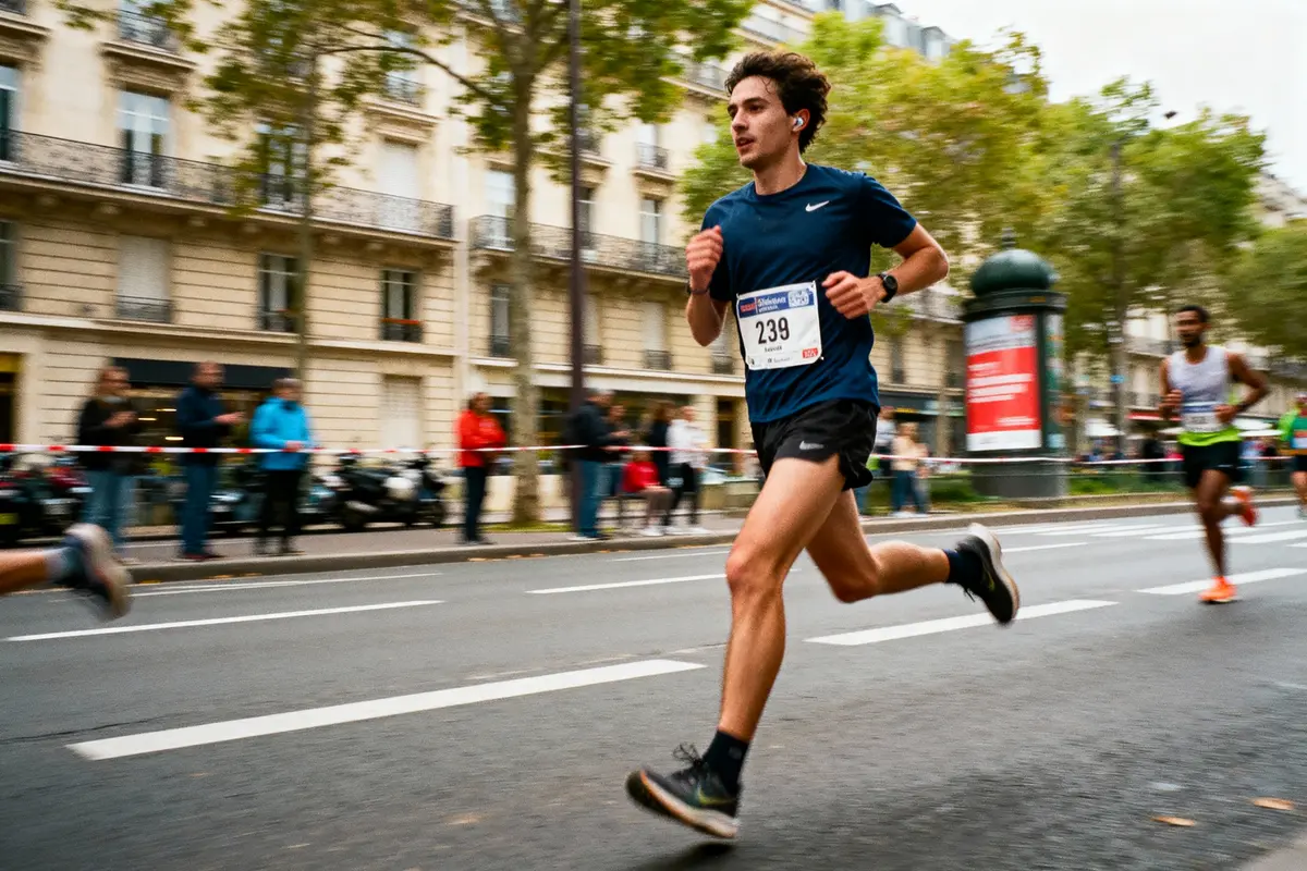 Un coureur participe à un marathon en ville, entouré de spectateurs, sur une avenue arborée.