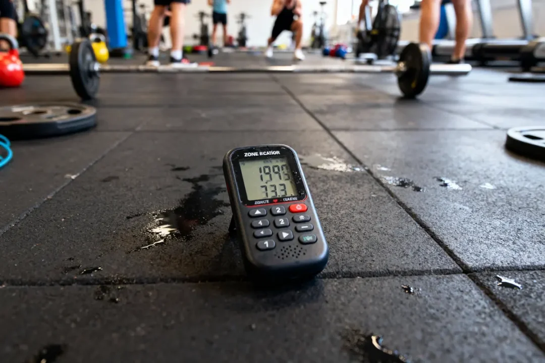 Chronomètre sur sol de gym avec haltères, personnes s’entraînant en arrière-plan. Ambiance de fitness dynamique.