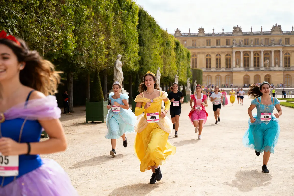 Personnes courant en costumes de princesses devant le château de Versailles lors d'une course.