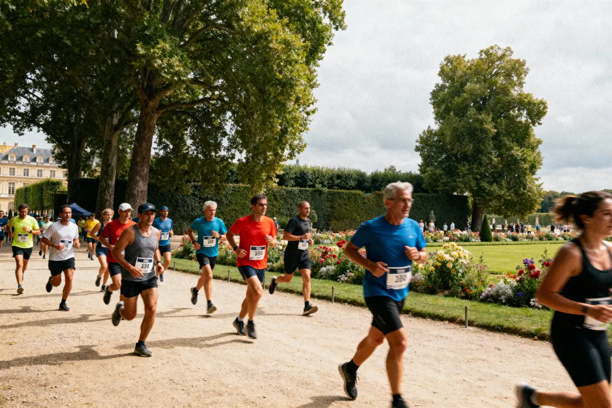 Des coureurs participent à une course dans un parc, entourés d'arbres et de fleurs en arrière-plan.