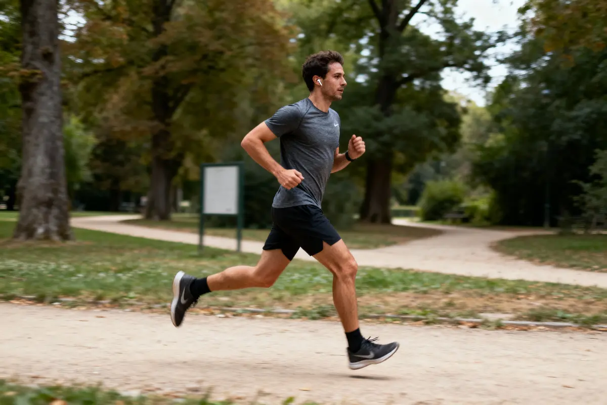 Homme courant sur un chemin de terre dans un parc, portant des vêtements de sport et écouteurs.