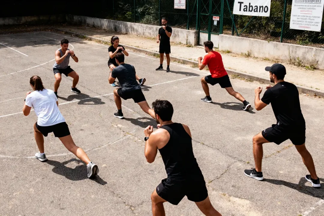 Un groupe de personnes fait des exercices physiques en extérieur sur un terrain ensoleillé.
