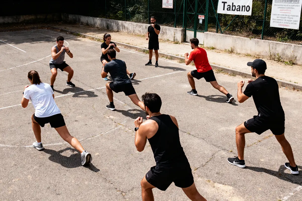 Un groupe de personnes fait des exercices physiques en extérieur sur un terrain ensoleillé.