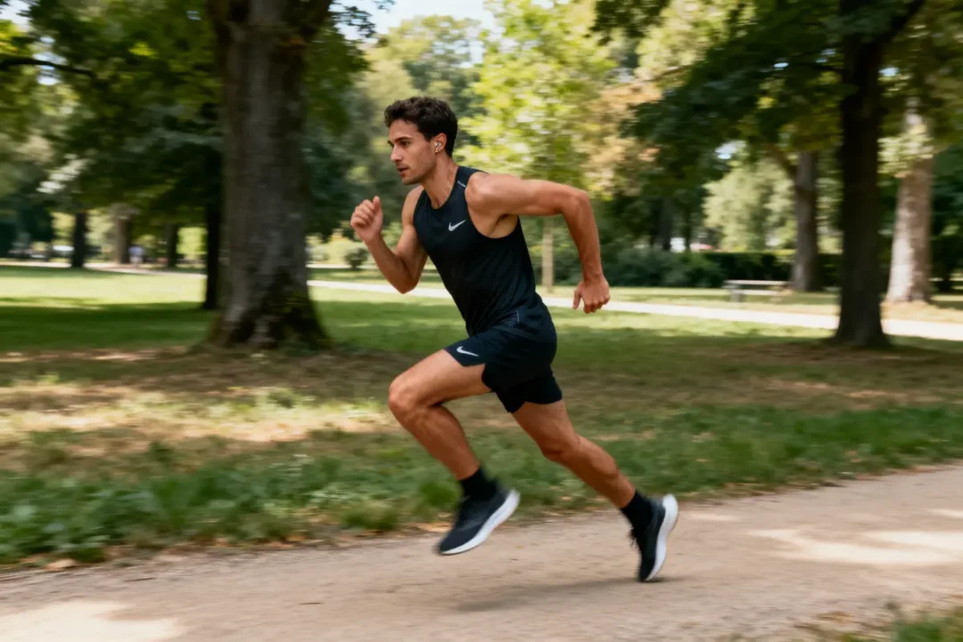 Homme courant sur un chemin de parc, portant tenue de sport noire, écouteurs, arbres en arrière-plan, journée ensoleillée.