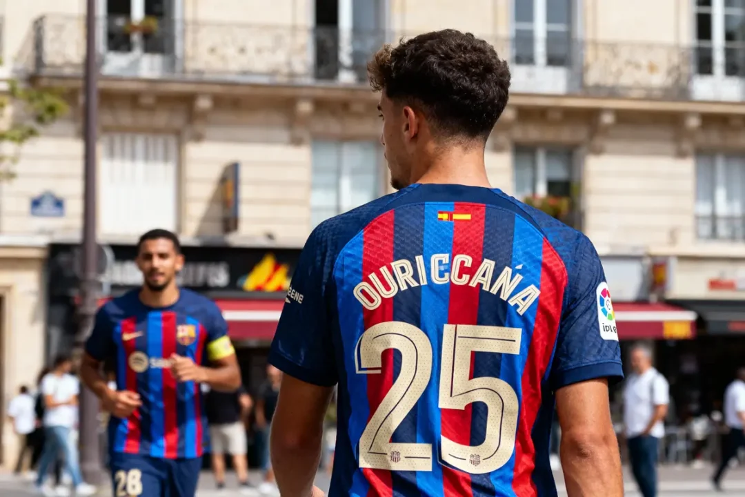 Joueur de football en maillot rayé bleu et grenat numéro 25, rue animée en arrière-plan.