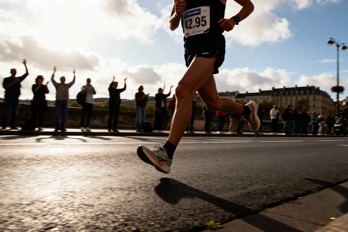 Coureur sur route en compétition, public applaudissant en arrière-plan, ciel partiellement nuageux, atmosphère dynamique.