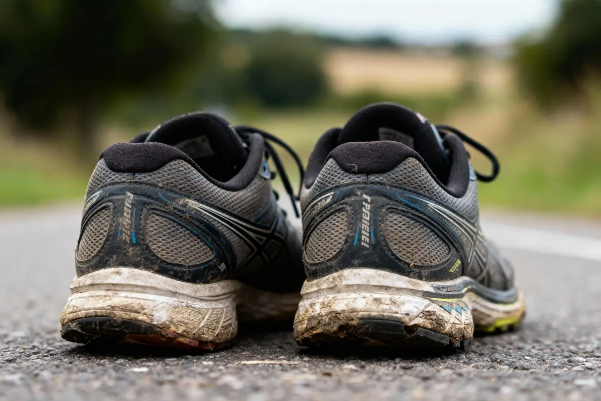Paire de chaussures de course usées et boueuses sur une route, vue de dos.