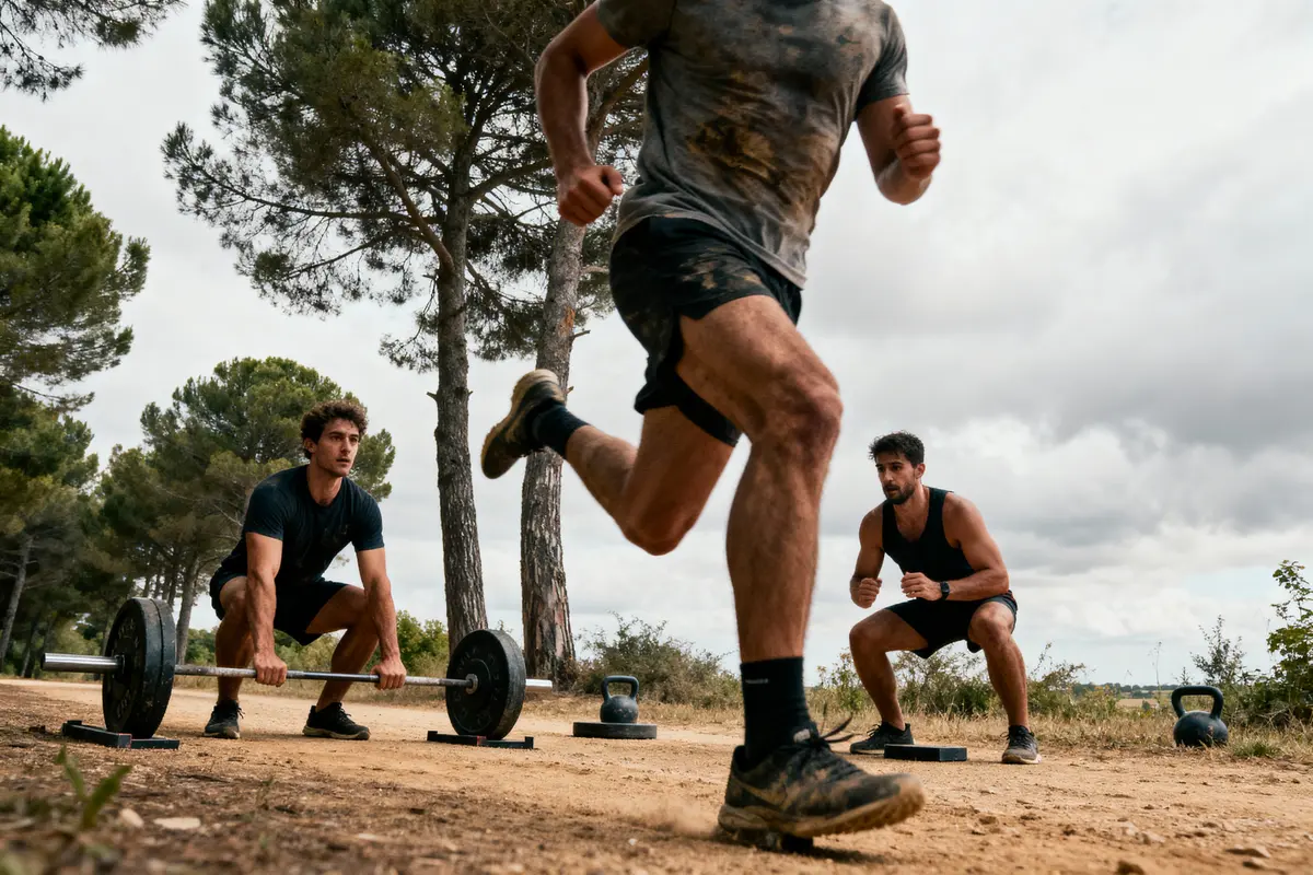 Trois hommes s'entraînent en plein air avec haltères et kettlebells, entourés d'arbres.