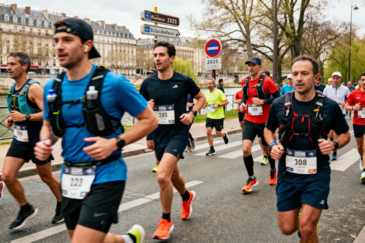 Coureurs participant à un marathon sur route bordée d'arbres, bâtiments et panneaux de signalisation en arrière-plan.