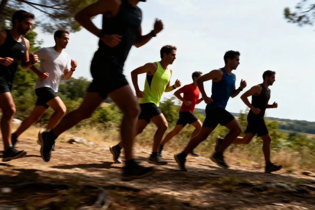 Groupe de coureurs en plein air, vêtus de tenues de sport, courant sur un sentier forestier ensoleillé.