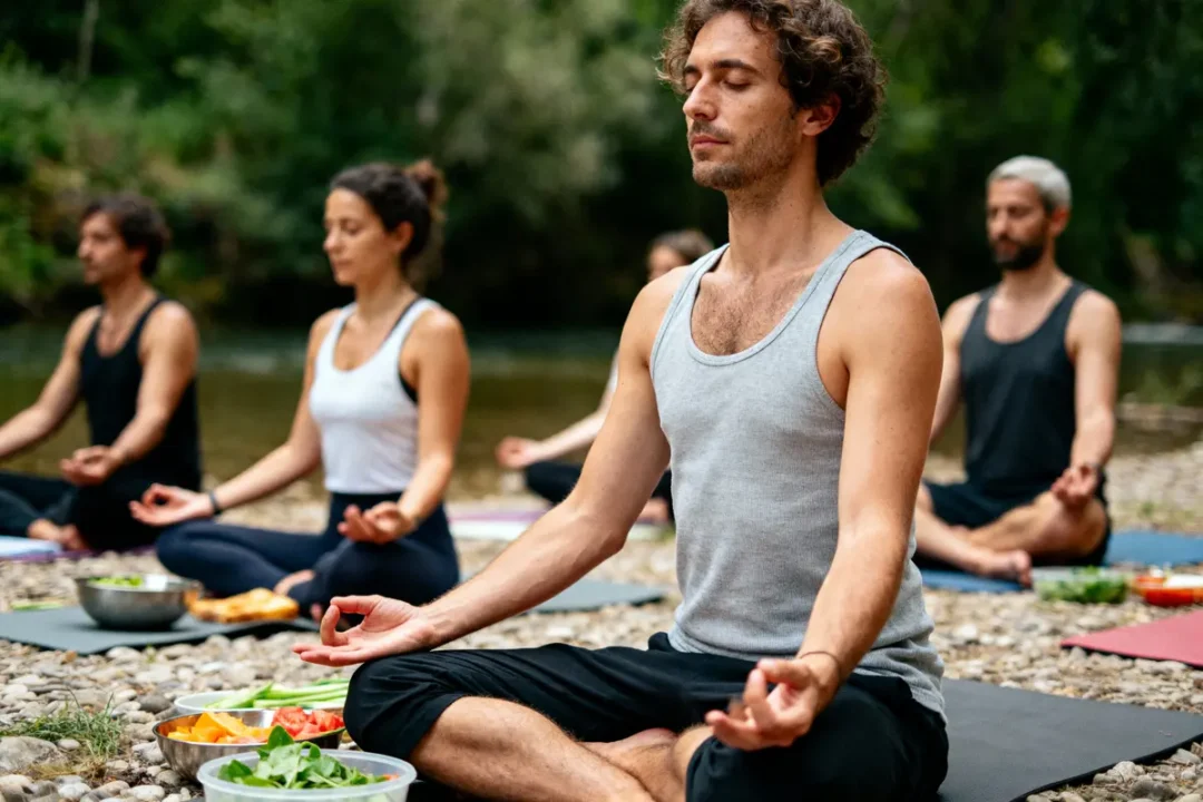 Personnes méditant en plein air au bord d'une rivière, entourées de bols de légumes colorés.