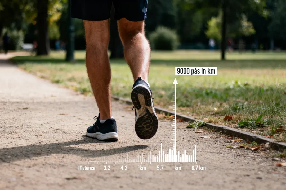Personne marchant sur chemin, graphique montrant 9000 pas convertis en kilomètres, environnement verdoyant.