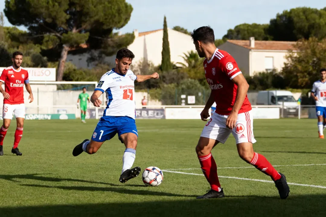 Deux joueurs de football disputent le ballon sur un terrain, entourés par des spectateurs et arbres.