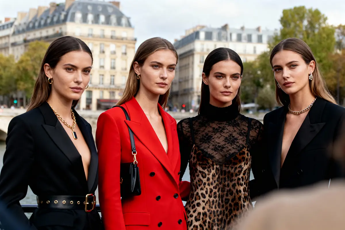 Quatre femmes posant élégamment habillées en rouge, noir et léopard, avec un bâtiment parisien en arrière-plan.