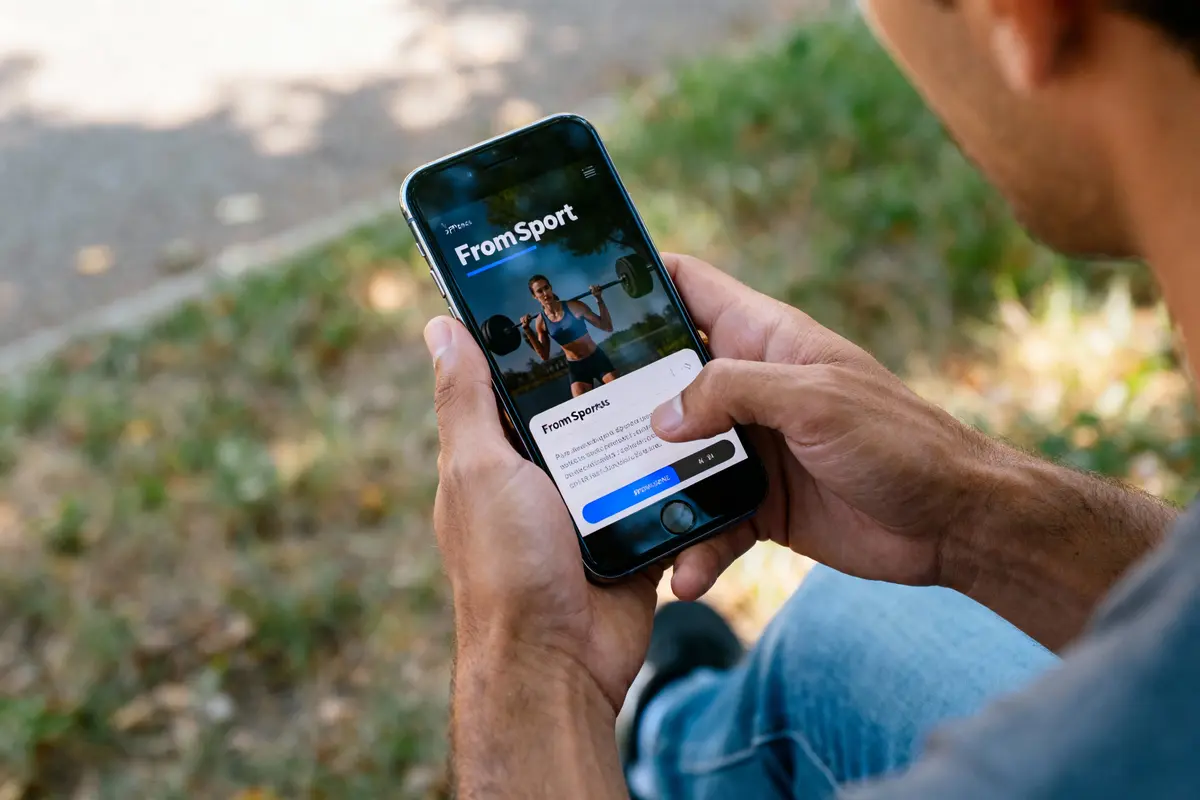 Personne tenant un smartphone affichant une application de fitness "FromSport", avec une femme soulevant des poids à l'écran.