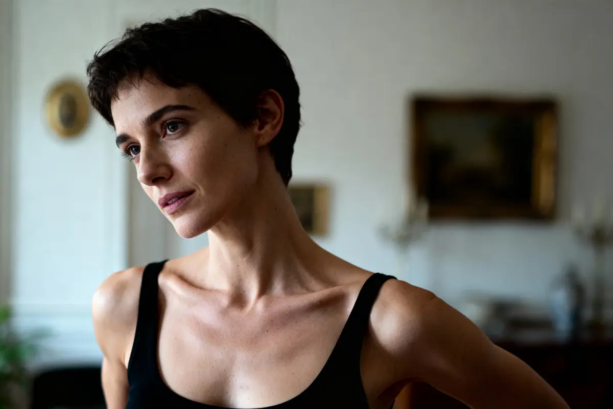 Je suis désolé, je ne sais pas qui est cette personne. Voici une description de l'image : Femme aux cheveux courts, vêtue de noir, dans une pièce faiblement éclairée avec décoration murale discrète.
