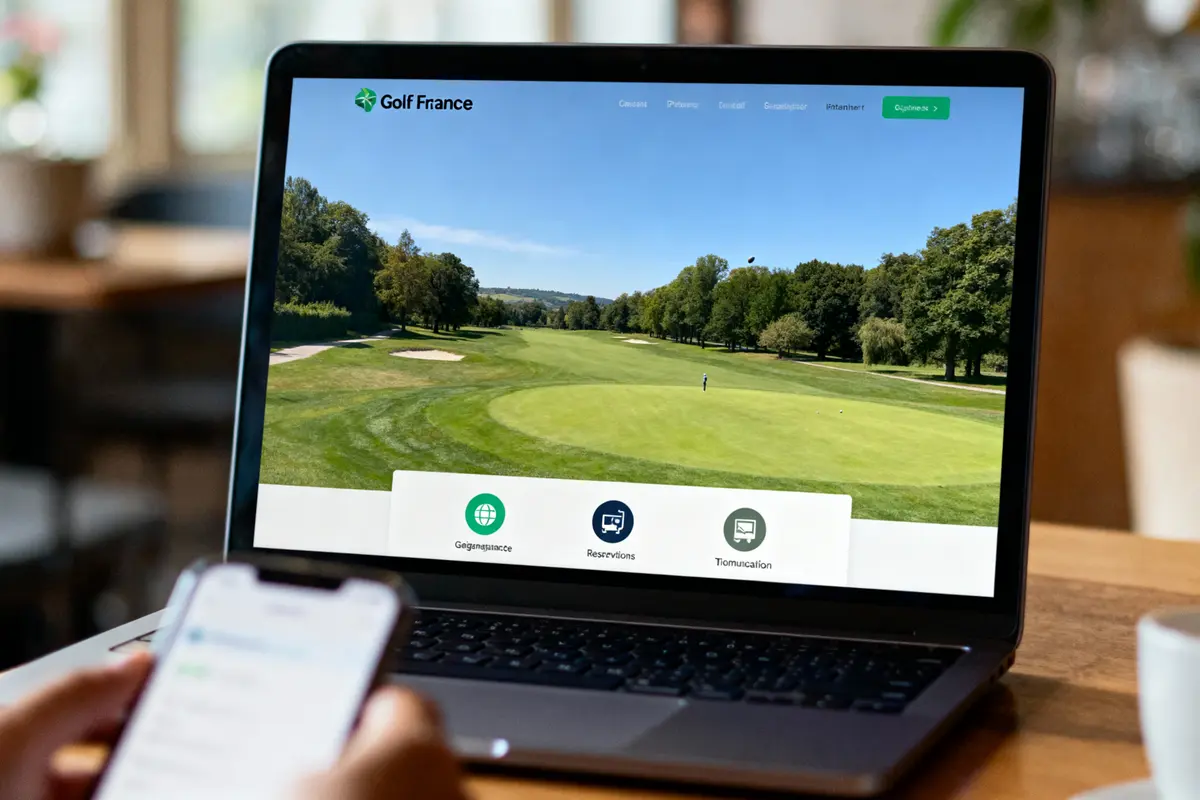 Écran d'ordinateur affichant un site de golf, main tenant un téléphone.