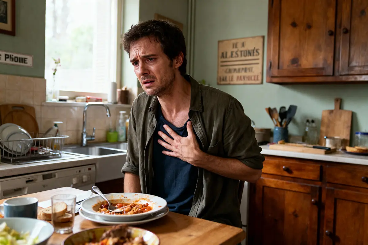Homme préoccupé dans une cuisine, main sur la poitrine, avec assiette de nourriture, ambiance domestique.