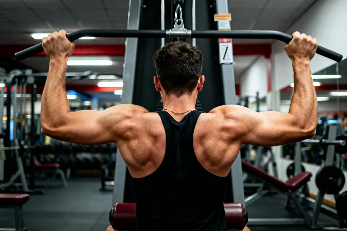 Homme de dos, musclé, utilisant machine de musculation en salle de sport, faisant des tractions à la poulie.