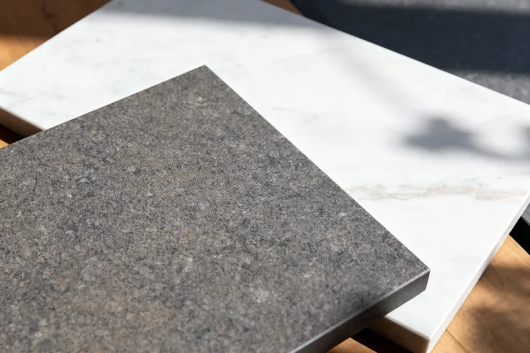 Deux échantillons de surface en pierre, l'un gris foncé, l'autre en marbre blanc, repose sur une table en bois.