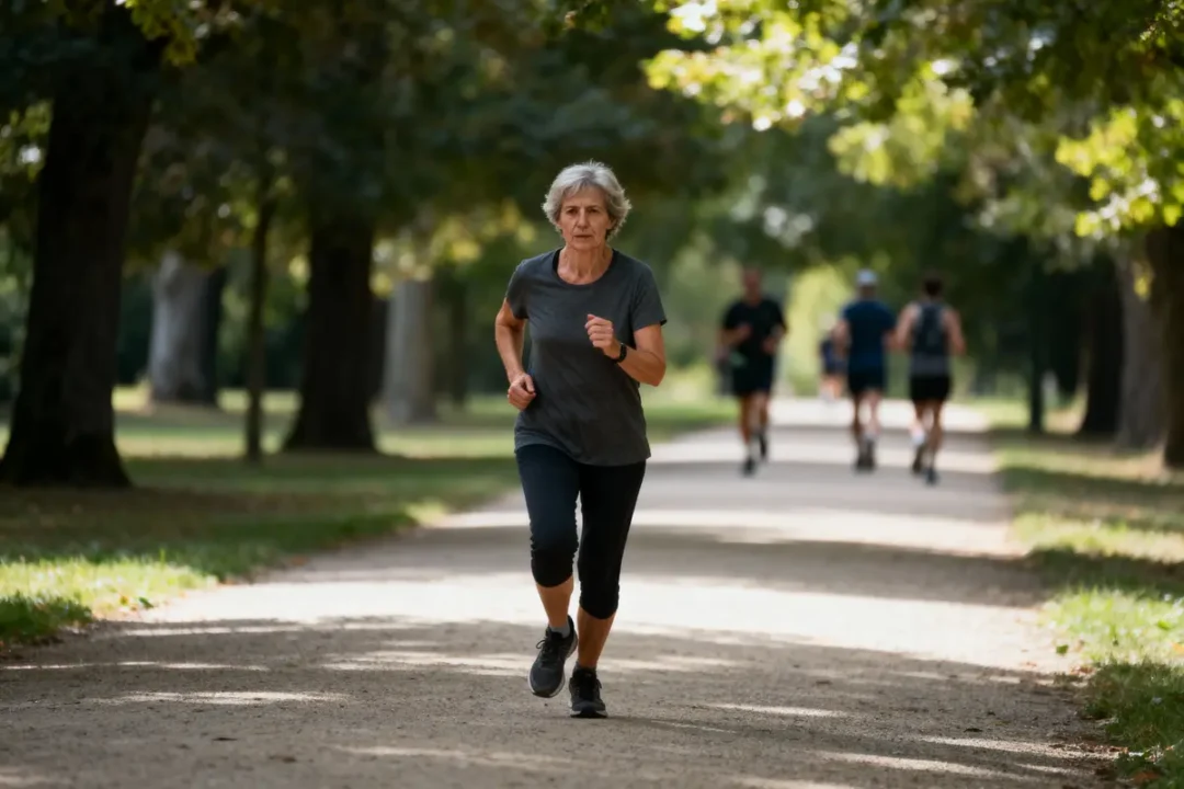 Femme courant dans un parc ombragé, portant des vêtements de sport. Arbres et joggeurs en arrière-plan.