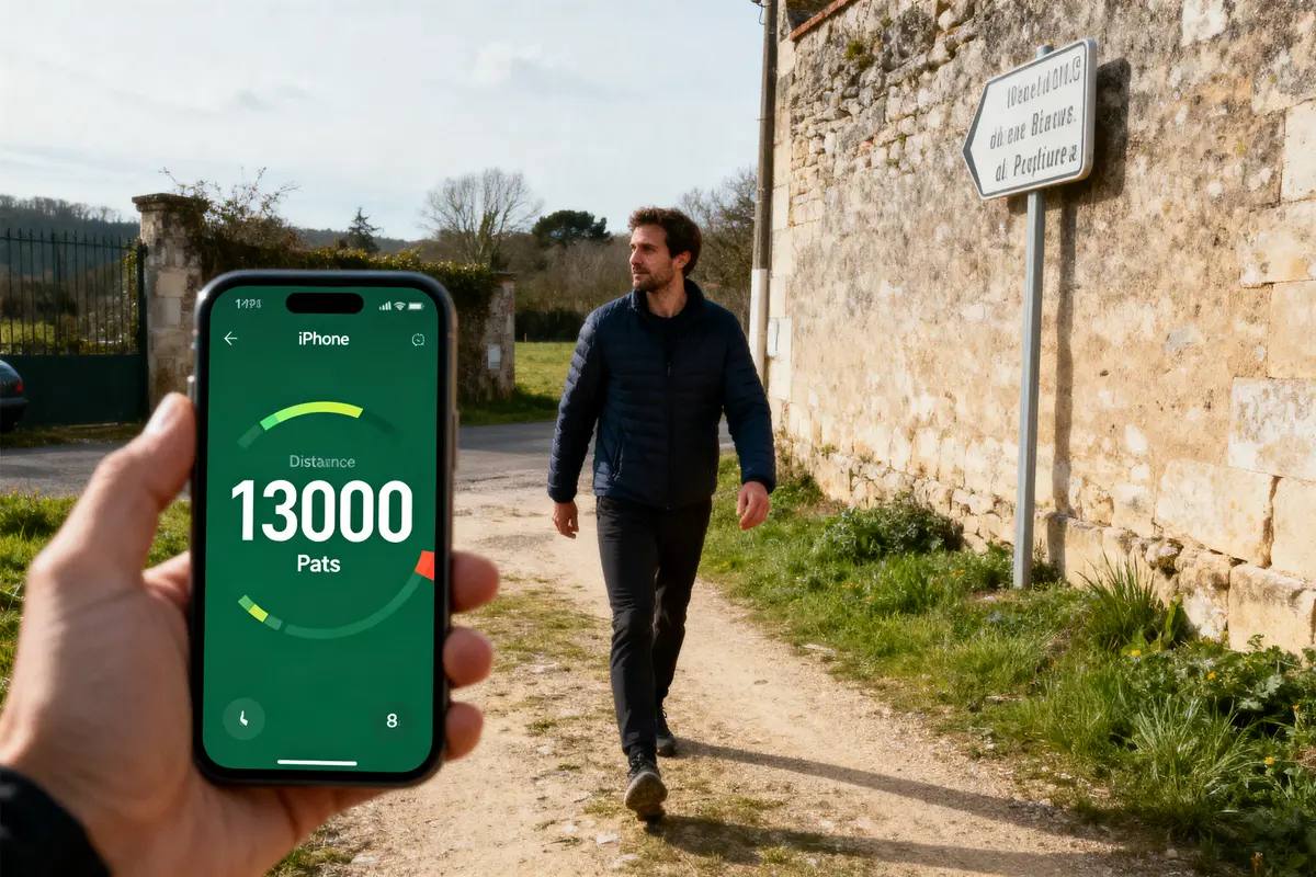 Homme marchant à l'extérieur, téléphone affichant 13 000 pas, chemin rural, panneau en arrière-plan.