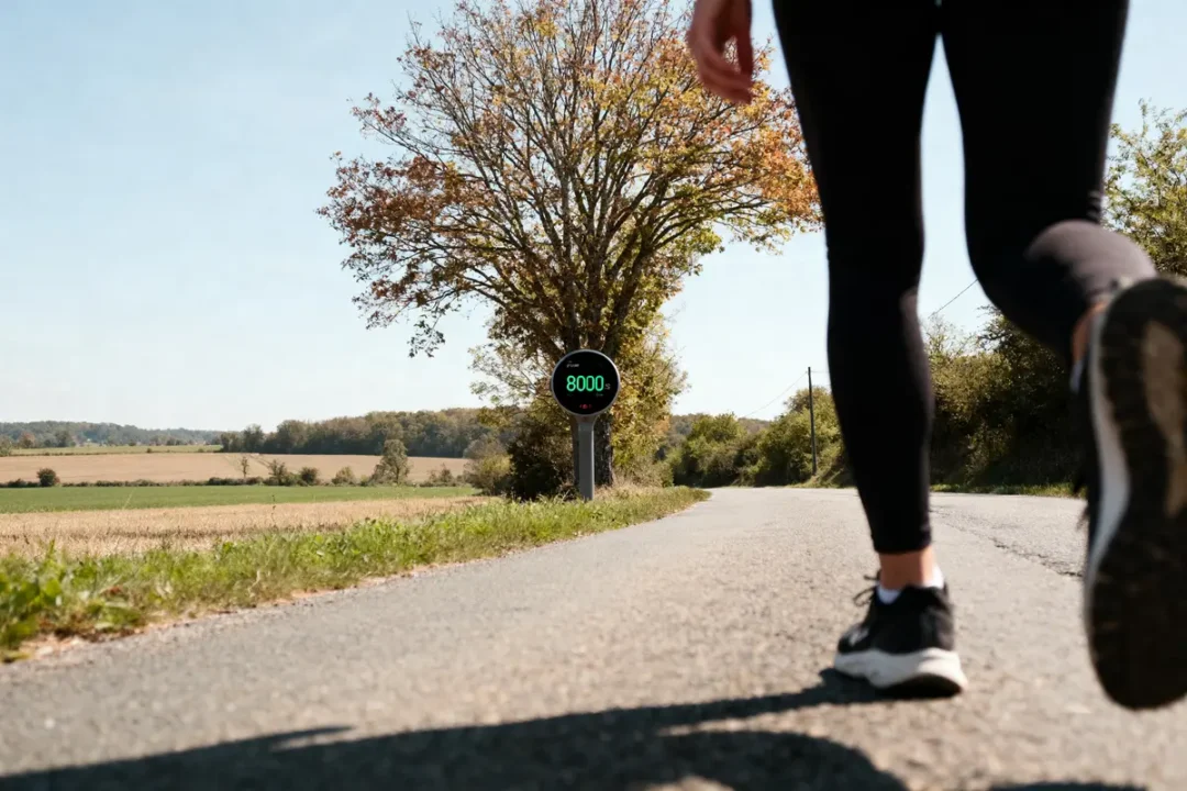 Personne marchant sur une route de campagne, compteur de pas affichant 8000, arbre au fond.