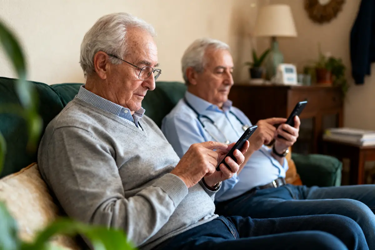 Deux hommes âgés assis sur un canapé, utilisant chacun un smartphone, intérieur cosy en arrière-plan.