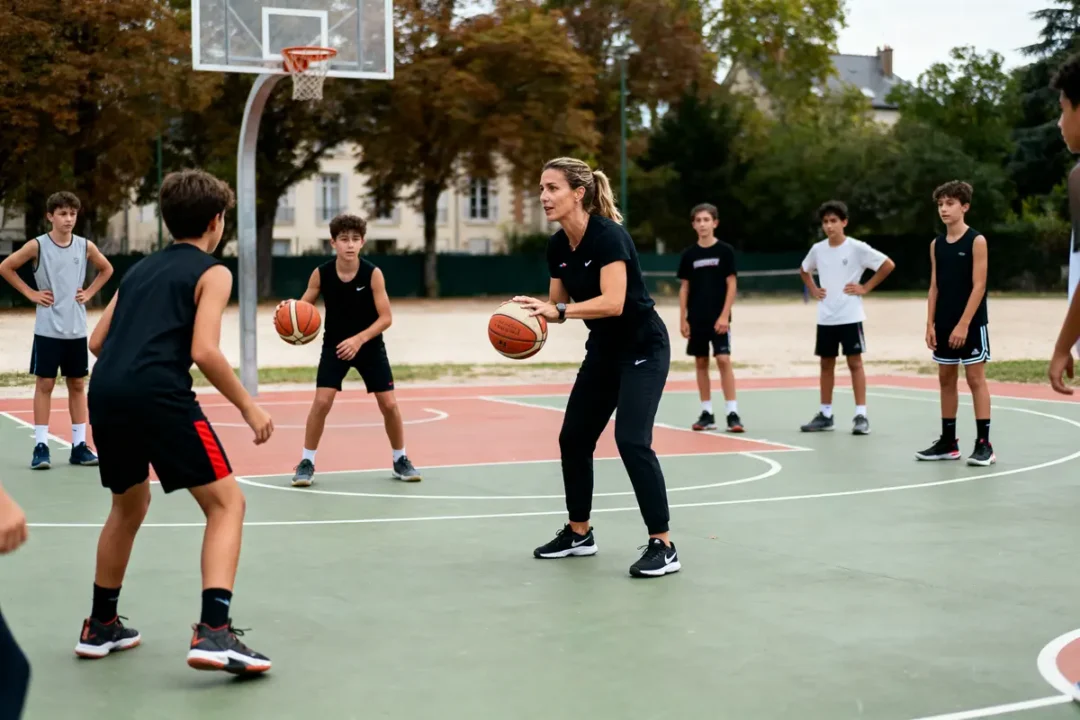 Femme entraînant des adolescents au basketball sur un terrain extérieur, entourée de joueurs concentrés.