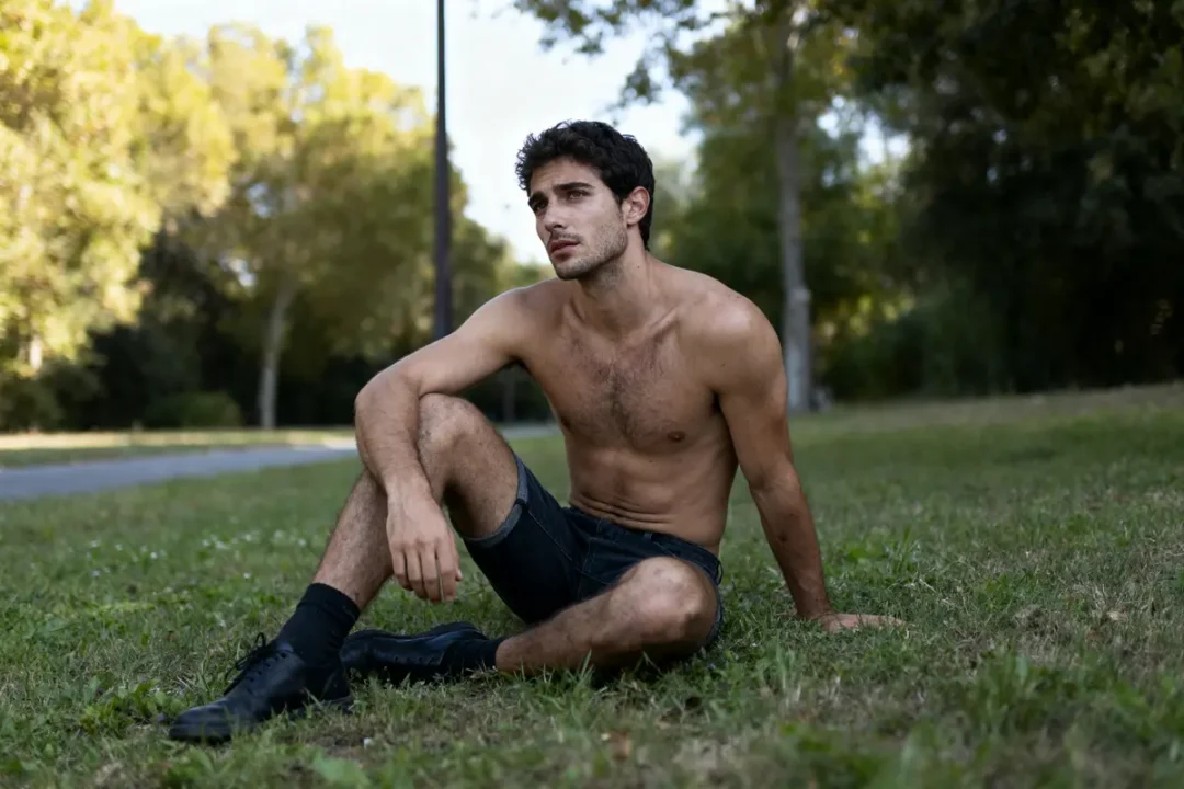Homme torse nu assis sur l'herbe dans un parc, en journée ensoleillée, entouré d'arbres verts.