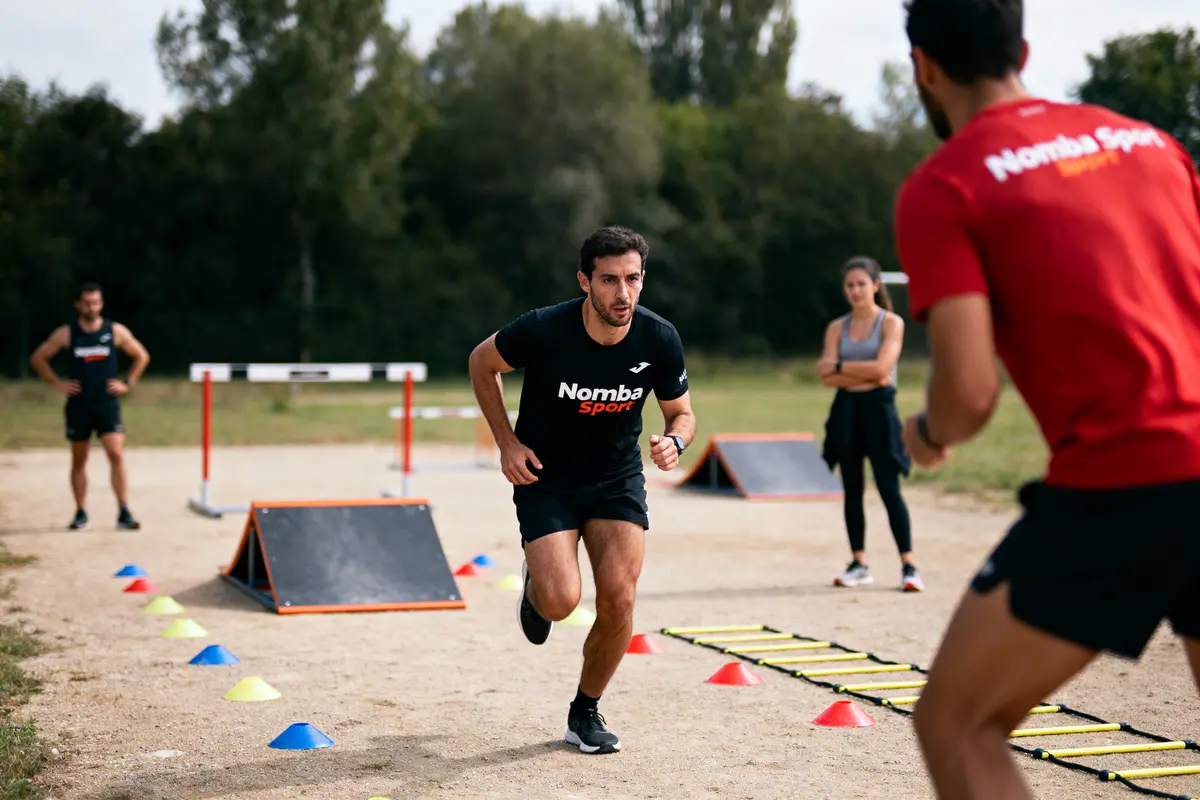 Personnes s'entraînant en plein air avec obstacles, cônes et échelles, portant des vêtements de sport noirs et rouges.