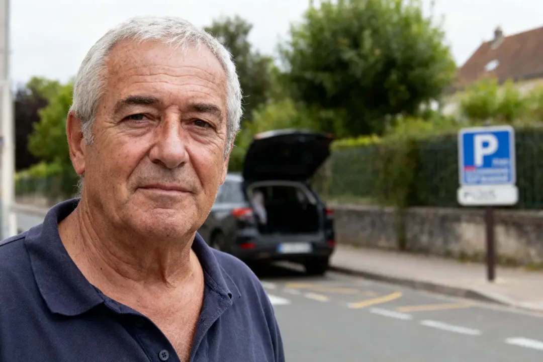 Homme âgé debout sur trottoir, voiture avec coffre ouvert derrière, panneau de stationnement visible.