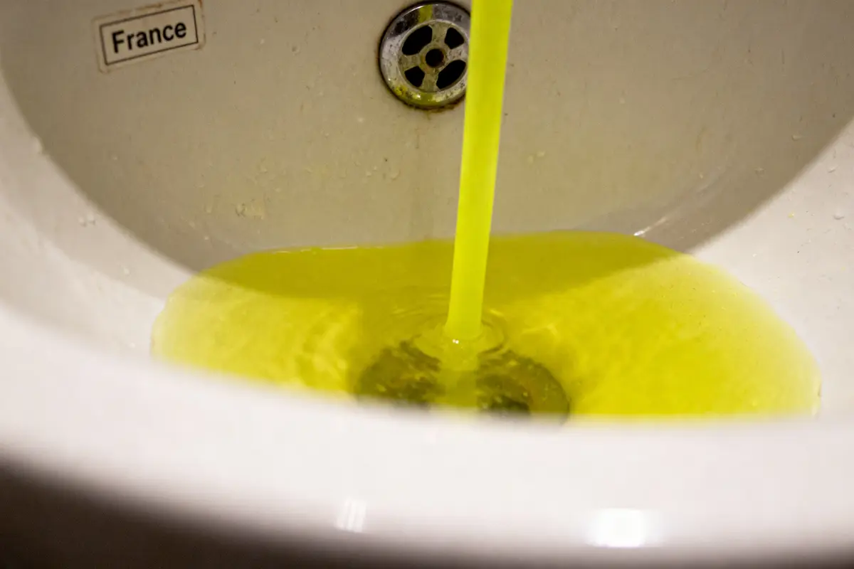 Jet d'eau jaune coulant dans un lavabo avec étiquette "France" et trou d'évacuation visible.