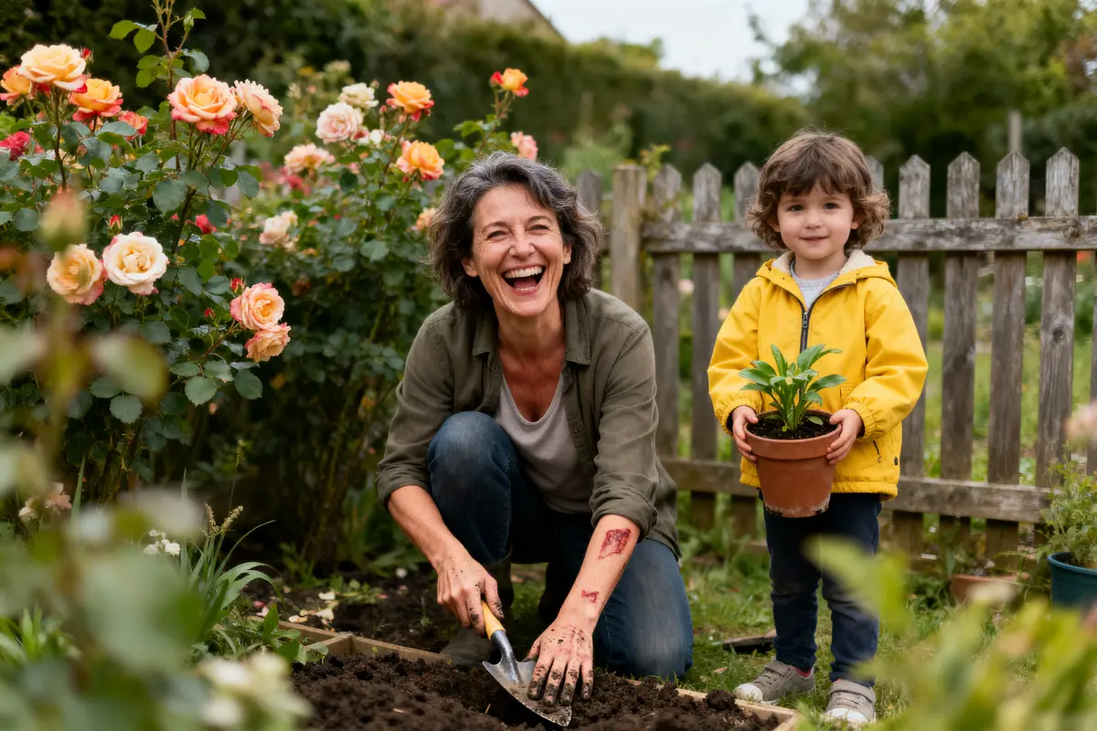 Femme et enfant souriants jardinant, fleurs roses, enfant portant plante en pot, clôture en bois derrière.
