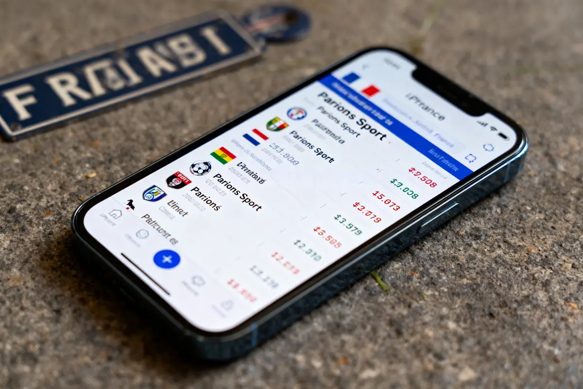 Smartphone affichant application de paris sportifs, planche d'immatriculation française en arrière-plan sur sol gris.
