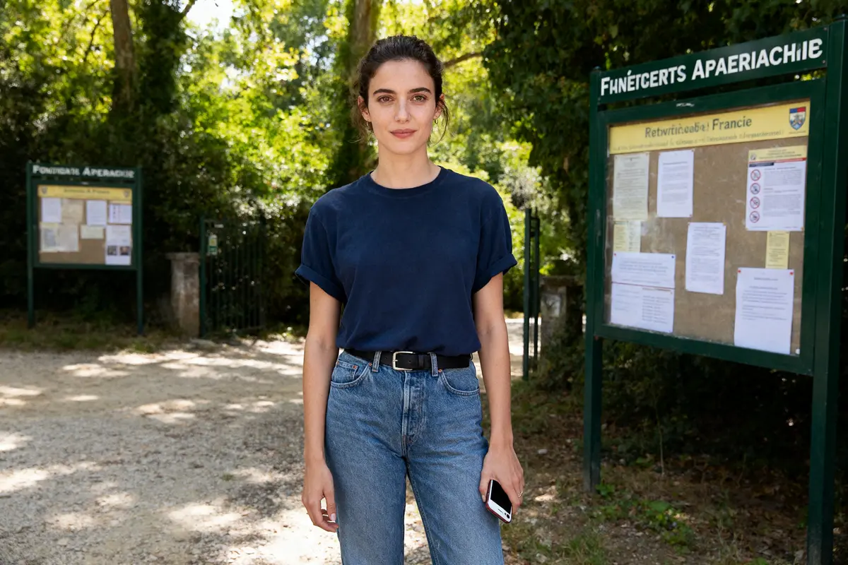 Femme souriante en t-shirt bleu et jeans, tenant un téléphone, devant panneau d'affichage en plein air.