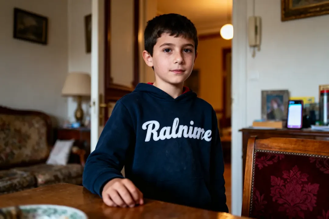 Jeune garçon portant un sweat bleu, debout dans un salon avec meubles anciens et lampe allumée.